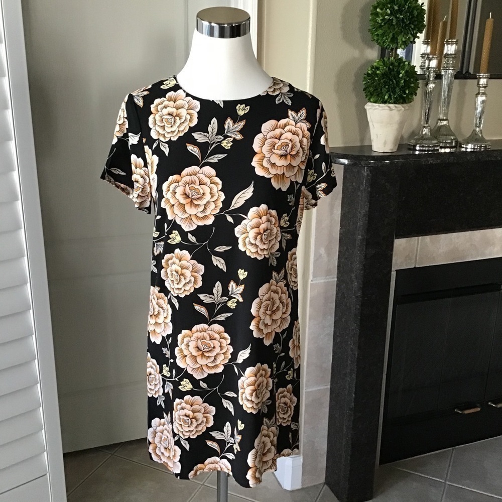 Floral Dress Women’s SMALL Black & Beige Lotus Print Career Forever 21 Tags NEW